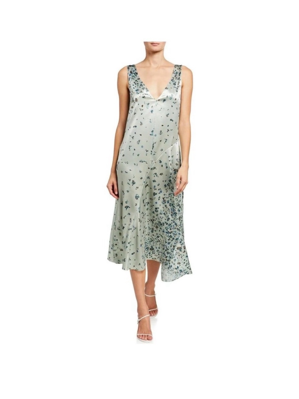Satin V-Neck Floral Slip Dress in Sage Green